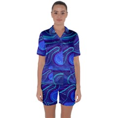 Wavy Abstract Blue Satin Short Sleeve Pajamas Set by Ravend