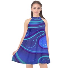 Wavy Abstract Blue Halter Neckline Chiffon Dress  by Ravend