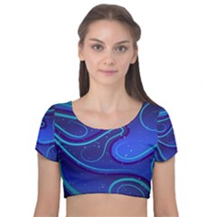 Wavy Abstract Blue Velvet Short Sleeve Crop Top  by Ravend