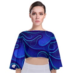 Wavy Abstract Blue Tie Back Butterfly Sleeve Chiffon Top by Ravend