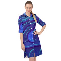 Wavy Abstract Blue Long Sleeve Mini Shirt Dress by Ravend