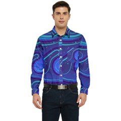 Wavy Abstract Blue Men s Long Sleeve Pocket Shirt  by Ravend