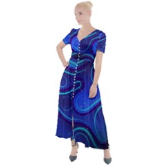 Wavy Abstract Blue Button Up Short Sleeve Maxi Dress by Ravend