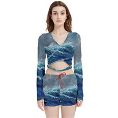 Waves Sea Sky Wave Velvet Wrap Crop Top And Shorts Set by Ravend