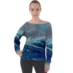 Waves Sea Sky Wave Off Shoulder Long Sleeve Velour Top by Ravend