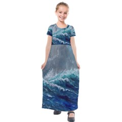 Waves Sea Sky Wave Kids  Short Sleeve Maxi Dress by Ravend