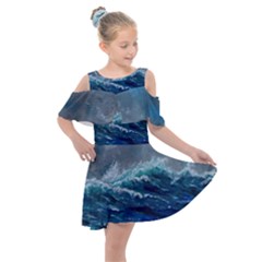 Waves Sea Sky Wave Kids  Shoulder Cutout Chiffon Dress by Ravend