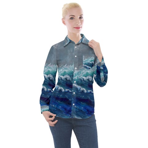 Waves Sea Sky Wave Women s Long Sleeve Pocket Shirt by Ravend