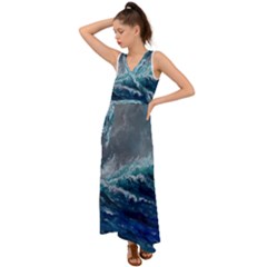 Waves Sea Sky Wave V-neck Chiffon Maxi Dress by Ravend