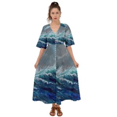 Waves Sea Sky Wave Kimono Sleeve Boho Dress by Ravend