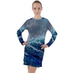 Waves Sea Sky Wave Long Sleeve Hoodie Dress by Ravend