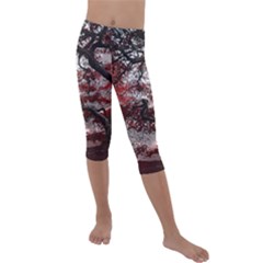 Tree Red Nature Abstract Mood Kids  Lightweight Velour Capri Leggings  by Ravend