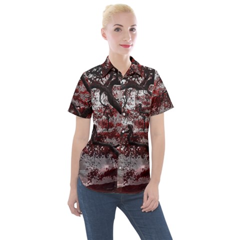 Tree Red Nature Abstract Mood Women s Short Sleeve Pocket Shirt by Ravend