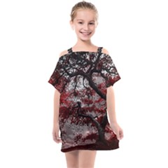 Tree Red Nature Abstract Mood Kids  One Piece Chiffon Dress by Ravend