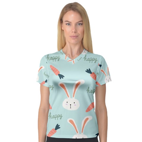 Bunny Carrot Pattern Background V-neck Sport Mesh Tee by Wegoenart