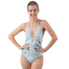 Bunny Carrot Pattern Background Halter Cut-out One Piece Swimsuit by Wegoenart