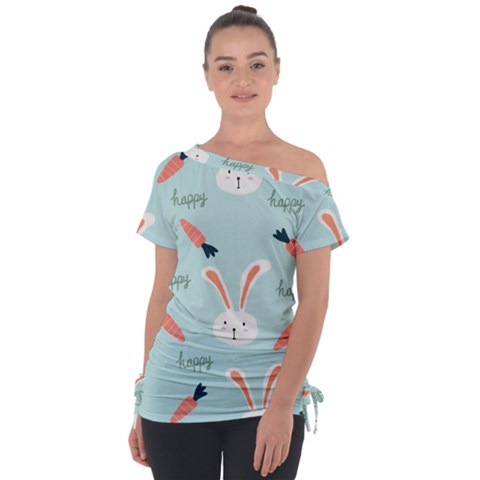 Bunny Carrot Pattern Background Off Shoulder Tie-up Tee by Wegoenart