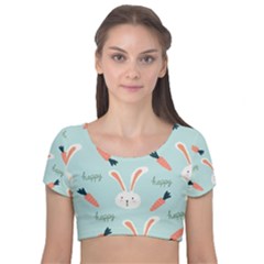 Bunny Carrot Pattern Background Velvet Short Sleeve Crop Top  by Wegoenart