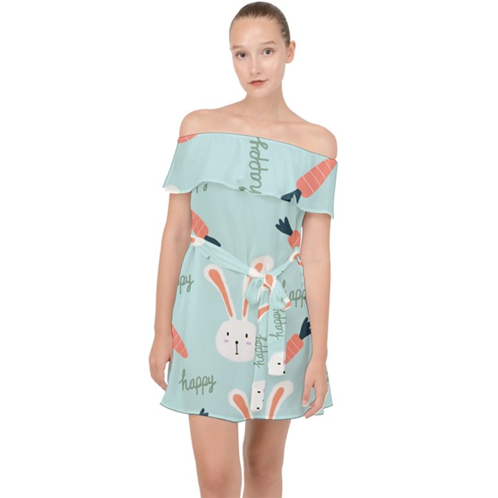 Bunny Carrot Pattern Background Off Shoulder Chiffon Dress