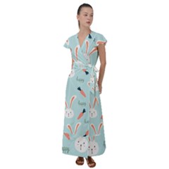 Bunny Carrot Pattern Background Flutter Sleeve Maxi Dress by Wegoenart