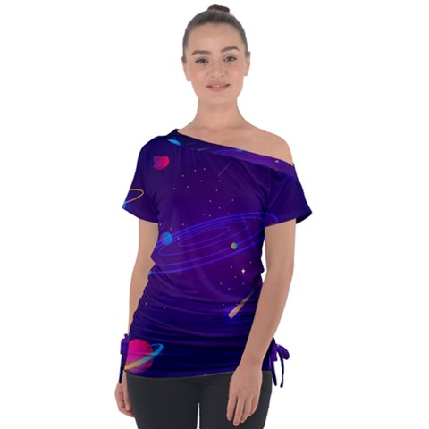 Cartoon Galaxy With Stars Background Off Shoulder Tie-up Tee by danenraven