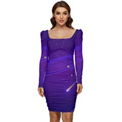 Cartoon Galaxy With Stars Background Women Long Sleeve Ruched Stretch Jersey Dress by danenraven