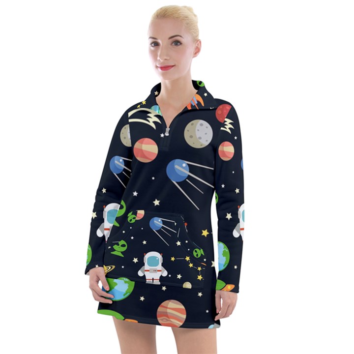 Space And Astronomy Decorative Symbols Seamless Pattern Vector Illustration Women s Long Sleeve Casual Dress