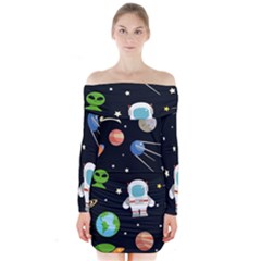 Space And Astronomy Decorative Symbols Seamless Pattern Vector Illustration Long Sleeve Off Shoulder Dress by danenraven