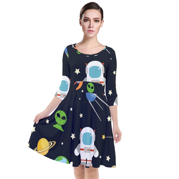 Space And Astronomy Decorative Symbols Seamless Pattern Vector Illustration Quarter Sleeve Waist Band Dress