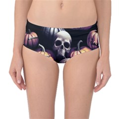 Halloween Party Skulls, Demonic Pumpkins Pattern Mid-waist Bikini Bottoms by Casemiro