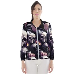 Halloween Party Skulls, Demonic Pumpkins Pattern Women s Windbreaker