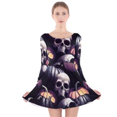 Halloween Party Skulls, Demonic Pumpkins Pattern Long Sleeve Velvet Skater Dress