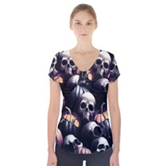 Halloween Party Skulls, Demonic Pumpkins Pattern Short Sleeve Front Detail Top by Casemiro