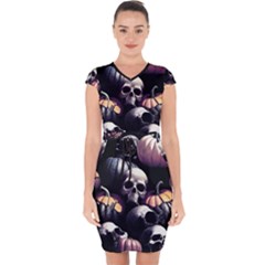 Halloween Party Skulls, Demonic Pumpkins Pattern Capsleeve Drawstring Dress  by Casemiro