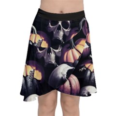 Halloween Party Skulls, Demonic Pumpkins Pattern Chiffon Wrap Front Skirt by Casemiro