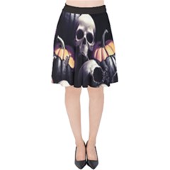 Halloween Party Skulls, Demonic Pumpkins Pattern Velvet High Waist Skirt by Casemiro