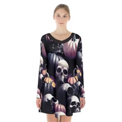 Halloween Party Skulls, Demonic Pumpkins Pattern Long Sleeve Velvet V-neck Dress