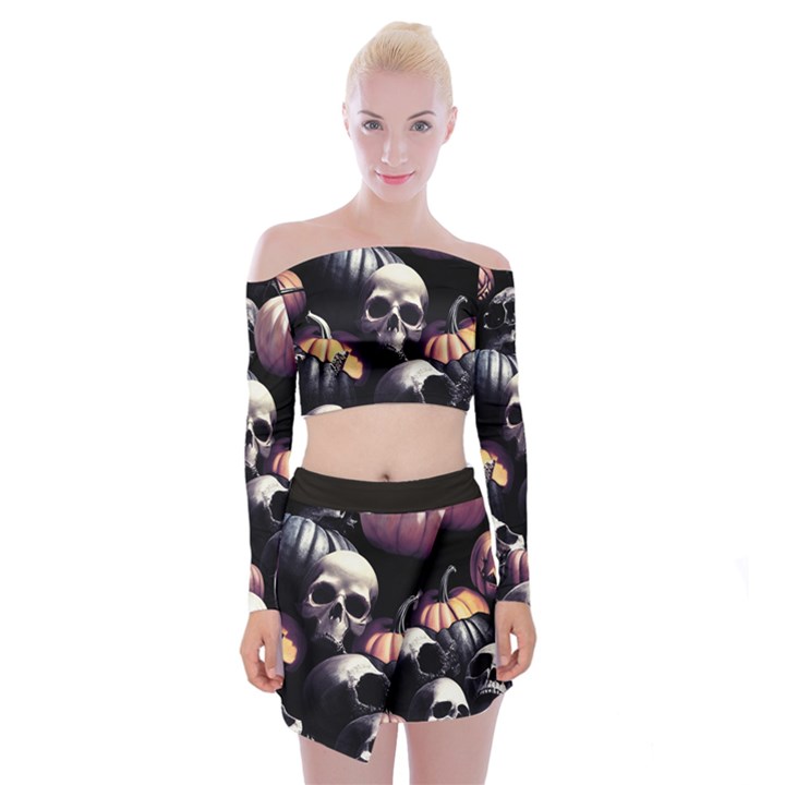 Halloween party skulls, Demonic pumpkins pattern Off Shoulder Top with Mini Skirt Set