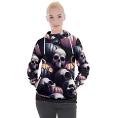 Halloween Party Skulls, Demonic Pumpkins Pattern Women s Hooded Pullover