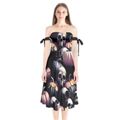 Halloween Party Skulls, Demonic Pumpkins Pattern Shoulder Tie Bardot Midi Dress by Casemiro