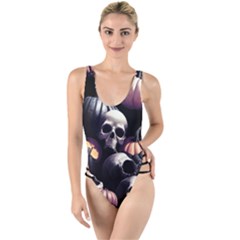 Halloween Party Skulls, Demonic Pumpkins Pattern High Leg Strappy Swimsuit by Casemiro