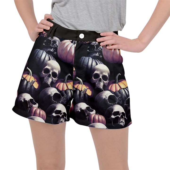 Halloween party skulls, Demonic pumpkins pattern Ripstop Shorts