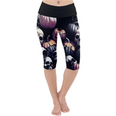 Halloween Party Skulls, Demonic Pumpkins Pattern Lightweight Velour Cropped Yoga Leggings by Casemiro