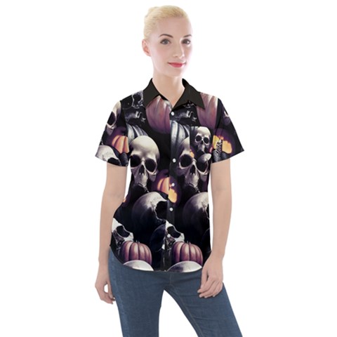 Halloween Party Skulls, Demonic Pumpkins Pattern Women s Short Sleeve Pocket Shirt by Casemiro