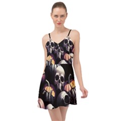 Halloween Party Skulls, Demonic Pumpkins Pattern Summer Time Chiffon Dress by Casemiro