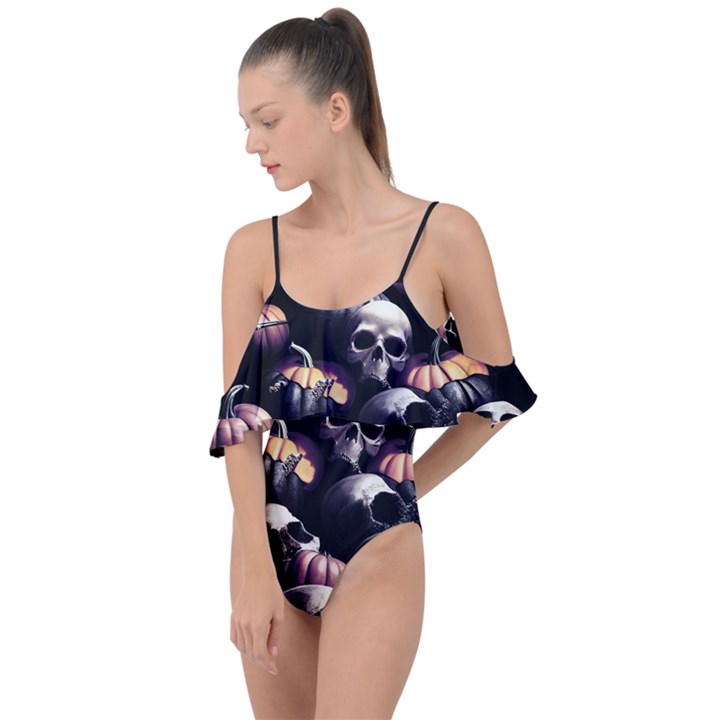 Halloween party skulls, Demonic pumpkins pattern Drape Piece Swimsuit