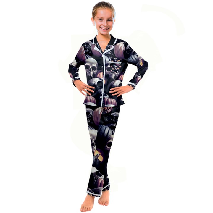 Halloween party skulls, Demonic pumpkins pattern Kid s Satin Long Sleeve Pajamas Set