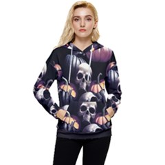 Halloween Party Skulls, Demonic Pumpkins Pattern Women s Lightweight Drawstring Hoodie