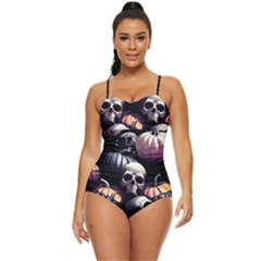 Halloween Party Skulls, Demonic Pumpkins Pattern Retro Full Coverage Swimsuit by Casemiro