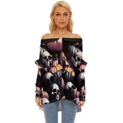 Halloween Party Skulls, Demonic Pumpkins Pattern Off Shoulder Chiffon Pocket Shirt by Casemiro